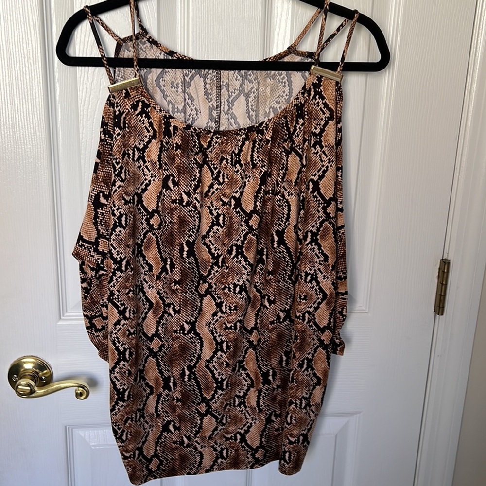 Nice animal, print, cold shoulder blouse top with brass hardware no size tag